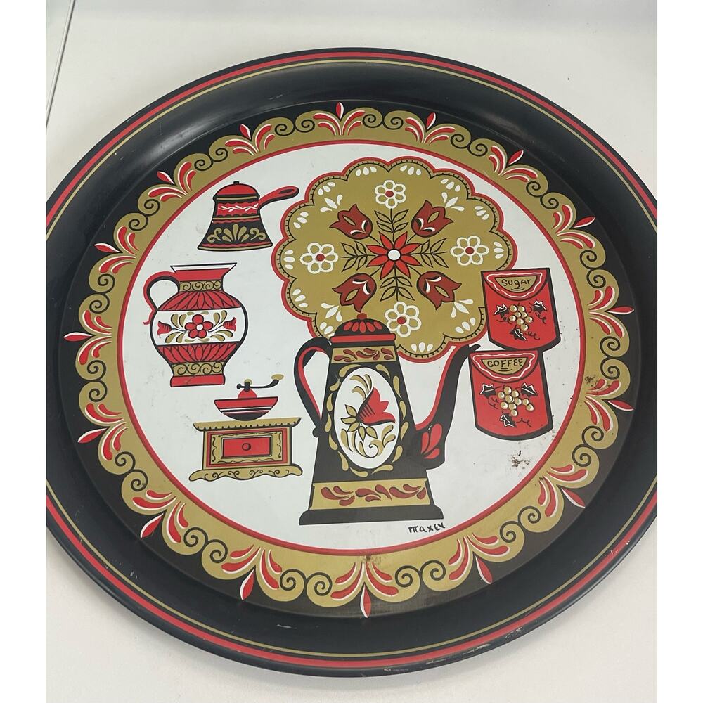 Vintage MAXEY Tin Metal Serving Tray Folk Art Coffee Motif Grinder Canister 16"